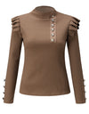 Buttoned Long Sleeve Ribbed TurtleneckTop