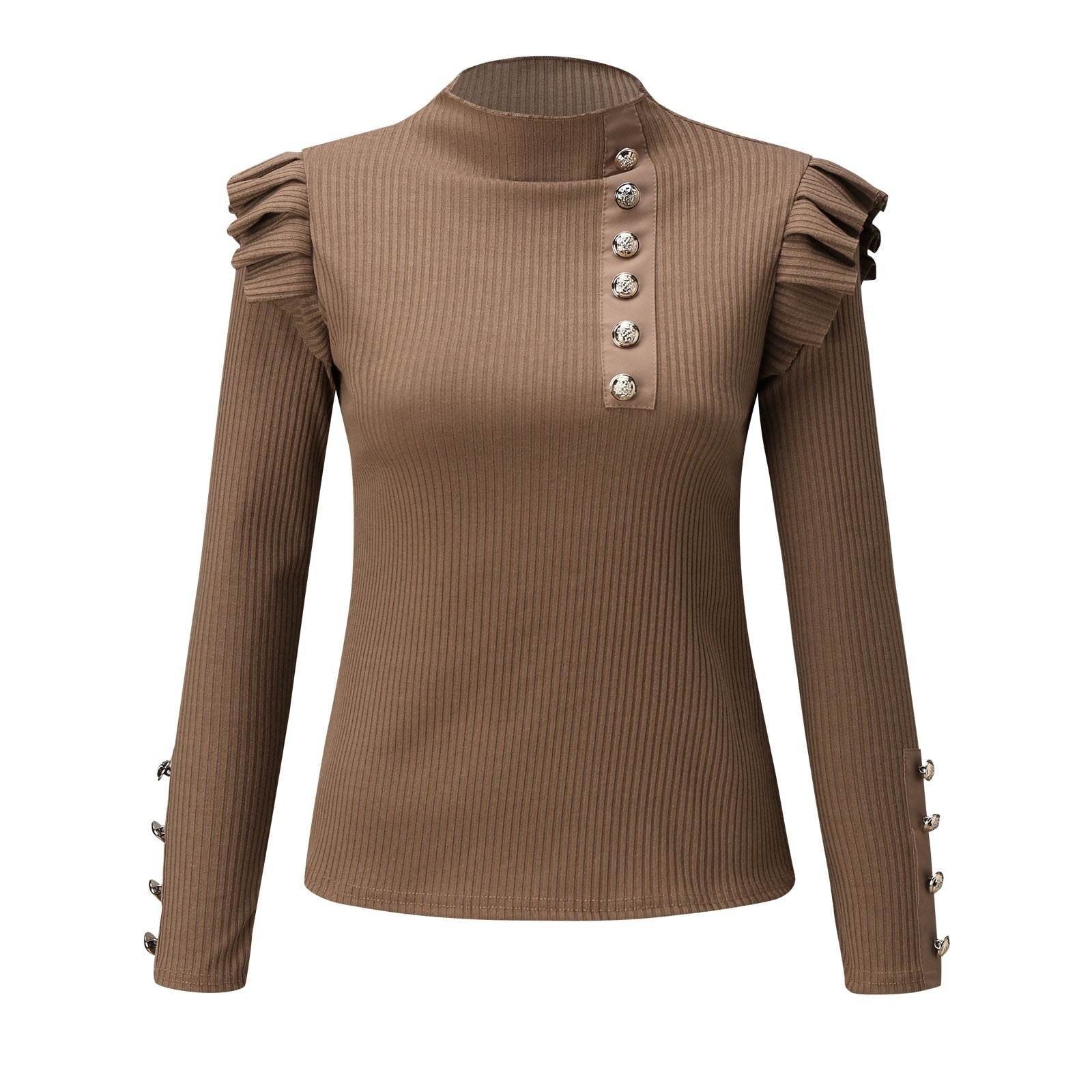 Buttoned Long Sleeve Ribbed TurtleneckTop
