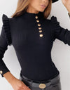 Buttoned Long Sleeve Ribbed TurtleneckTop