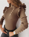 Buttoned Long Sleeve Ribbed TurtleneckTop
