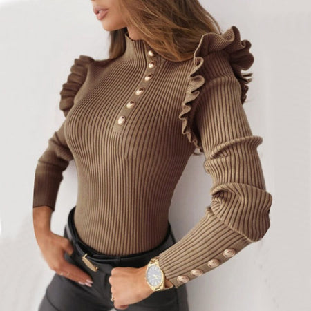 Buttoned Long Sleeve Ribbed TurtleneckTop