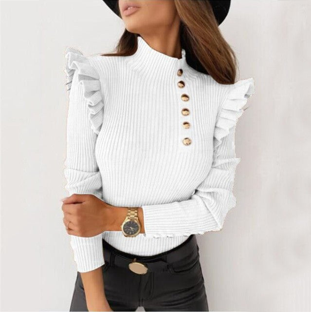 Buttoned Long Sleeve Ribbed TurtleneckTop
