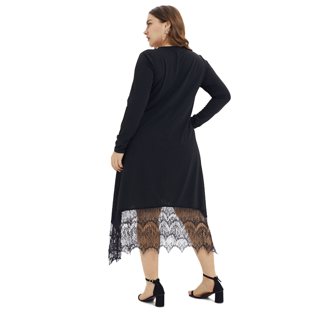 Lace Casual Long Sleeve V Neck Midi Dress