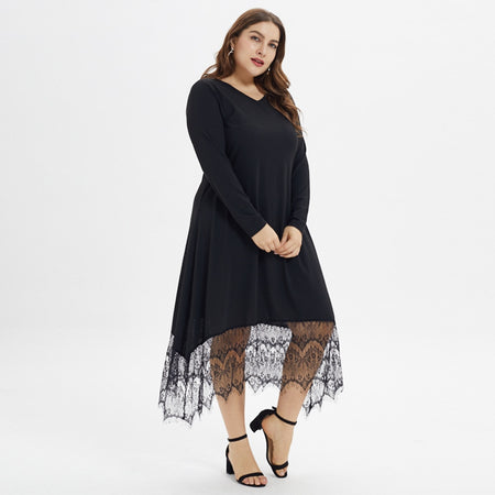 Lace Casual Long Sleeve V Neck Midi Dress