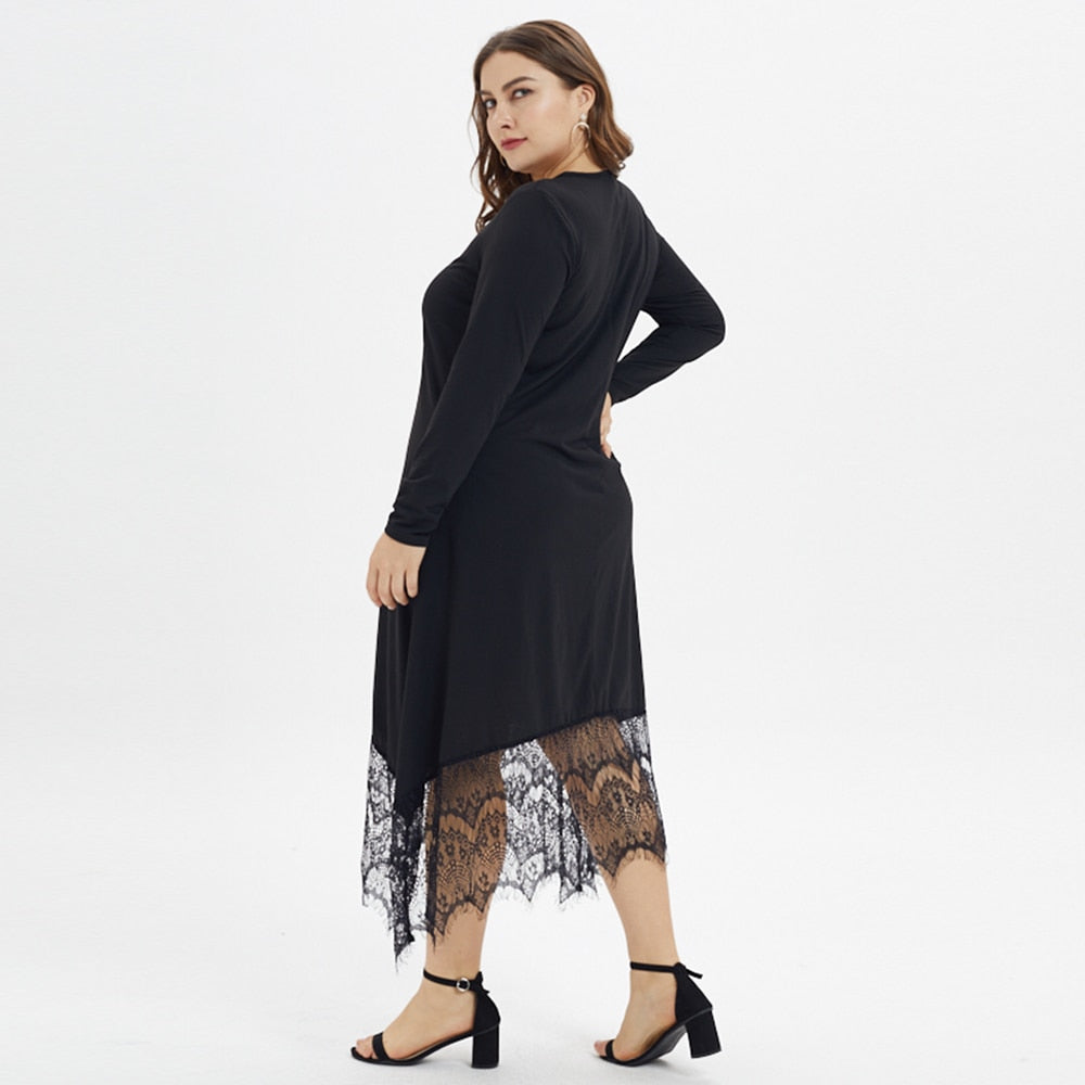 Lace Casual Long Sleeve V Neck Midi Dress