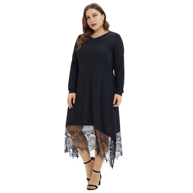 Lace Casual Long Sleeve V Neck Midi Dress