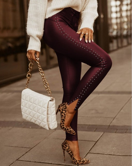Sexy Studded Design High Waist Lace-up Skinny Pants