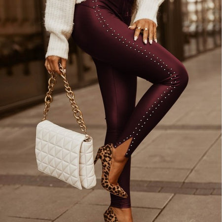 Sexy Studded Design High Waist Lace-up Skinny Pants