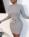 Mini Party knitting O-neck Long Sleeve Single Breasted Dress