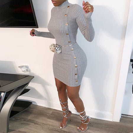 Mini Party knitting O-neck Long Sleeve Single Breasted Dress