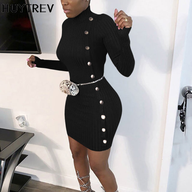 Mini Party knitting O-neck Long Sleeve Single Breasted Dress