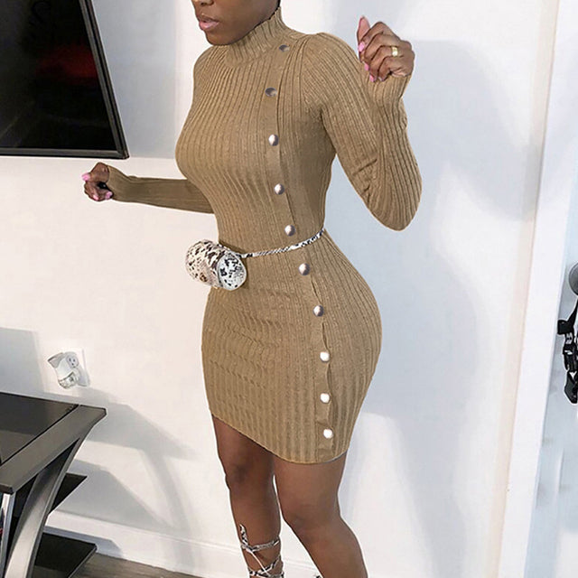 Mini Party knitting O-neck Long Sleeve Single Breasted Dress