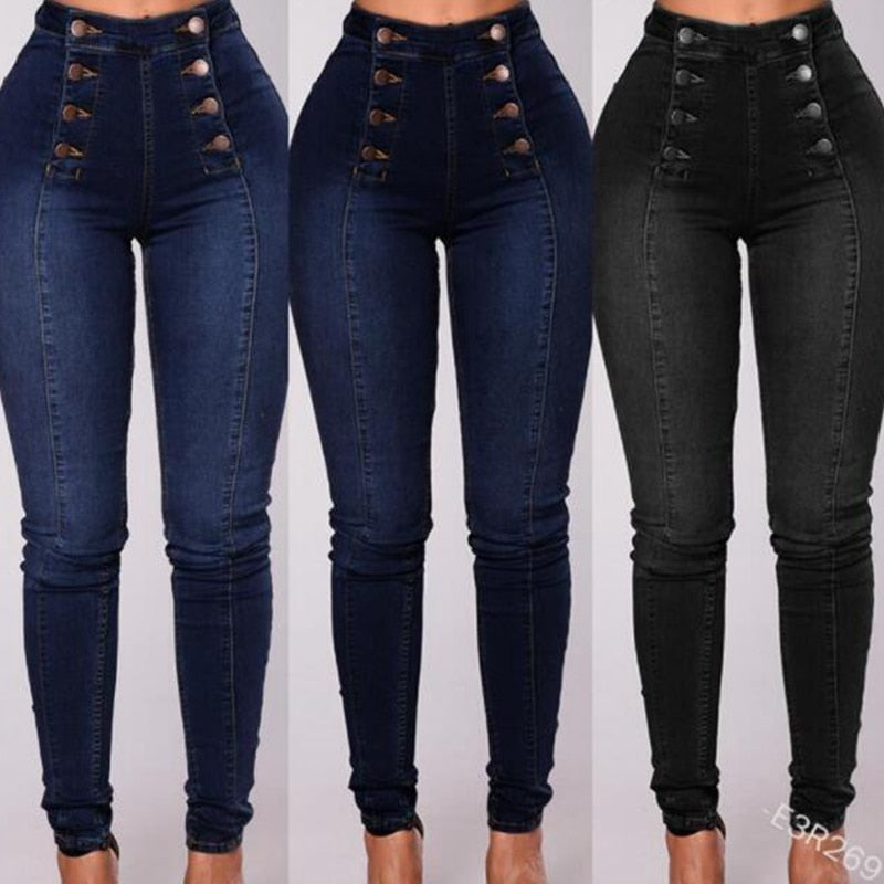 Solid Color Double Breasted High Waist Skinny Jeans