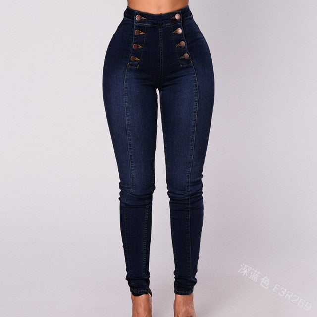 Solid Color Double Breasted High Waist Skinny Jeans