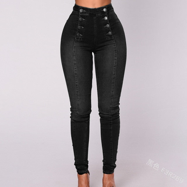 Solid Color Double Breasted High Waist Skinny Jeans