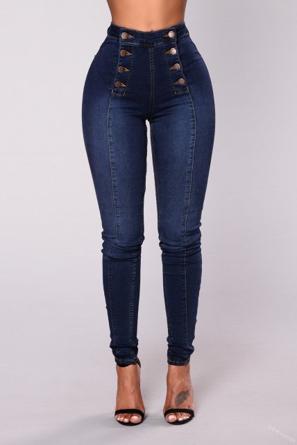 Solid Color Double Breasted High Waist Skinny Jeans