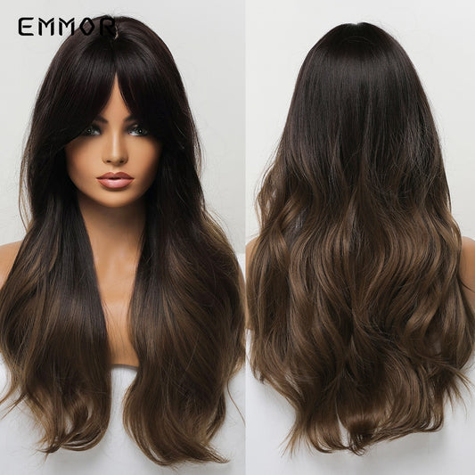 Emmor Synthetic Wigs Natural Ombre, Brown Wavy Hair Wig for Women Heat Resistant Fiber