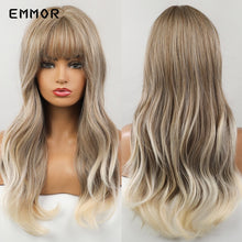 将图片加载到图库查看器，Emmor Synthetic Wigs Natural Ombre, Brown Wavy Hair Wig for Women Heat Resistant Fiber
