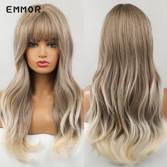 Emmor Synthetic Wigs Natural Ombre, Brown Wavy Hair Wig for Women Heat Resistant Fiber