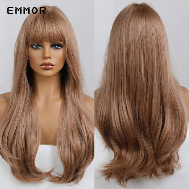 Emmor Synthetic Wigs Natural Ombre, Brown Wavy Hair Wig for Women Heat Resistant Fiber