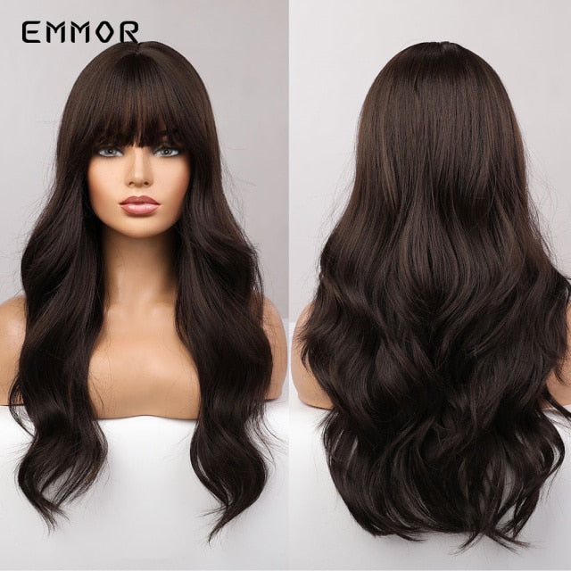 Emmor Synthetic Wigs Natural Ombre, Brown Wavy Hair Wig for Women Heat Resistant Fiber