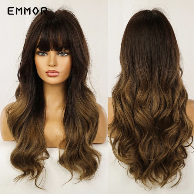 Emmor Synthetic Wigs Natural Ombre, Brown Wavy Hair Wig for Women Heat Resistant Fiber