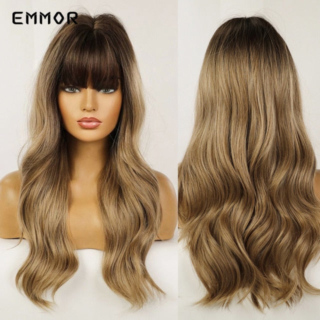 Emmor Synthetic Wigs Natural Ombre, Brown Wavy Hair Wig for Women Heat Resistant Fiber