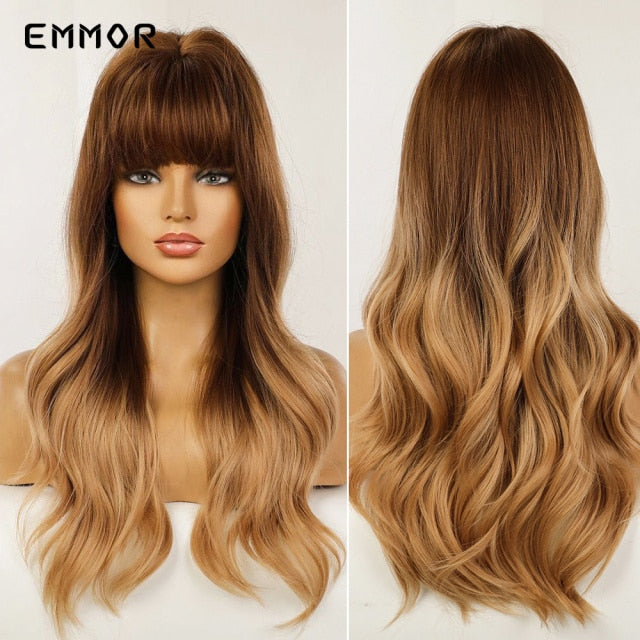 Emmor Synthetic Wigs Natural Ombre, Brown Wavy Hair Wig for Women Heat Resistant Fiber