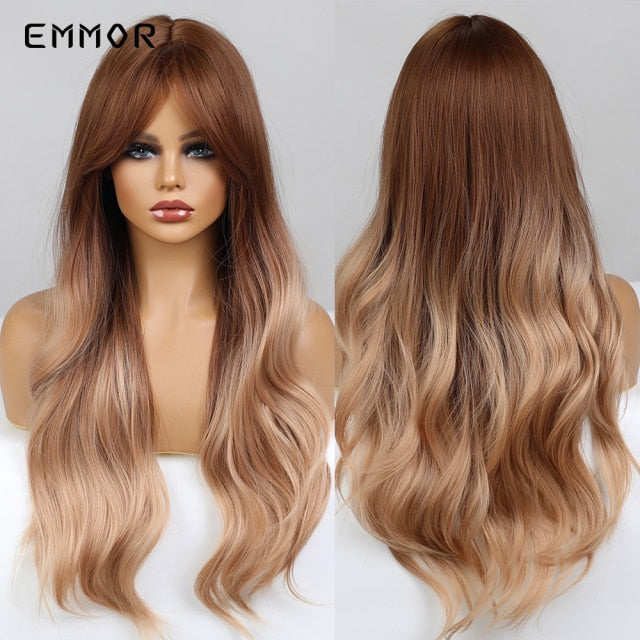 Emmor Synthetic Wigs Natural Ombre, Brown Wavy Hair Wig for Women Heat Resistant Fiber