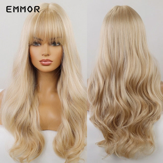 Emmor Synthetic Wigs Natural Ombre, Brown Wavy Hair Wig for Women Heat Resistant Fiber