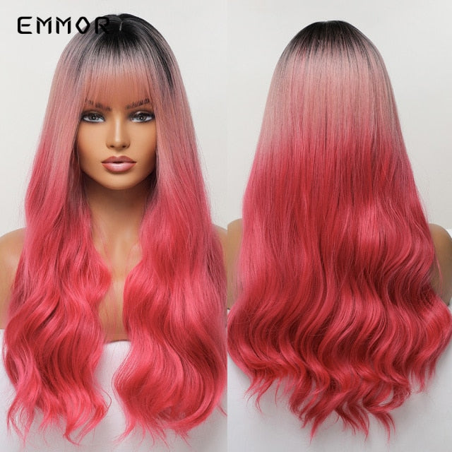 Emmor Synthetic Wigs Natural Ombre, Brown Wavy Hair Wig for Women Heat Resistant Fiber