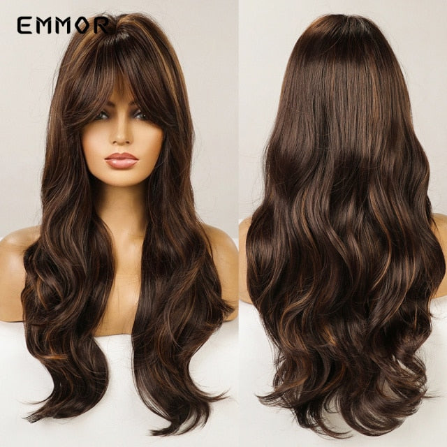 Emmor Synthetic Wigs Natural Ombre, Brown Wavy Hair Wig for Women Heat Resistant Fiber