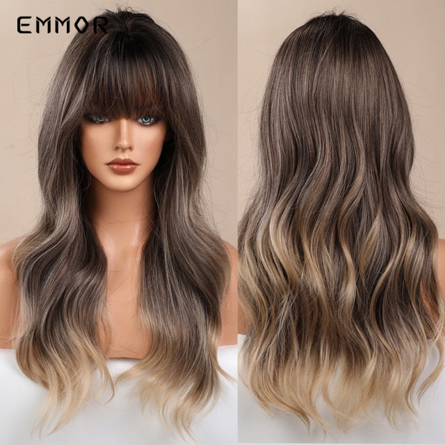Emmor Synthetic Wigs Natural Ombre, Brown Wavy Hair Wig for Women Heat Resistant Fiber