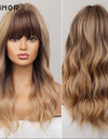 Emmor Synthetic Wigs Natural Ombre, Brown Wavy Hair Wig for Women Heat Resistant Fiber