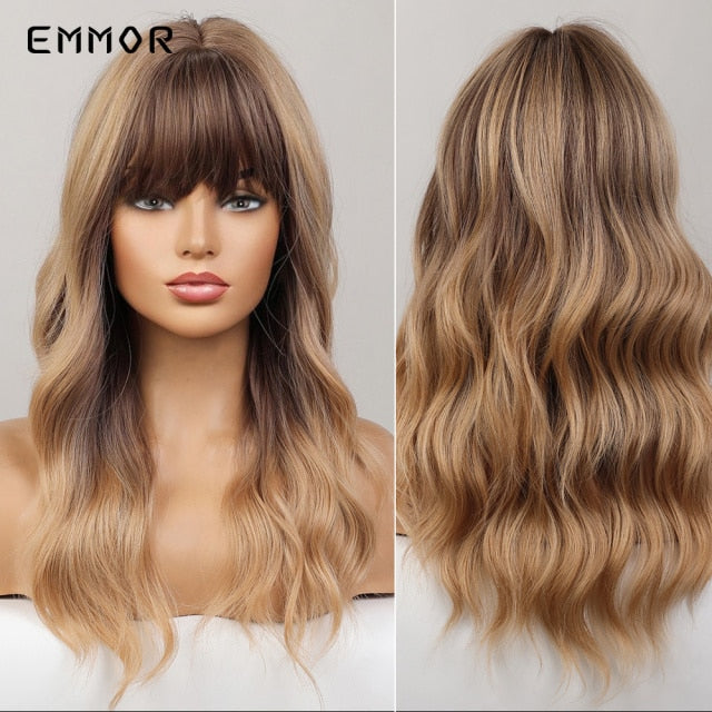 Emmor Synthetic Wigs Natural Ombre, Brown Wavy Hair Wig for Women Heat Resistant Fiber