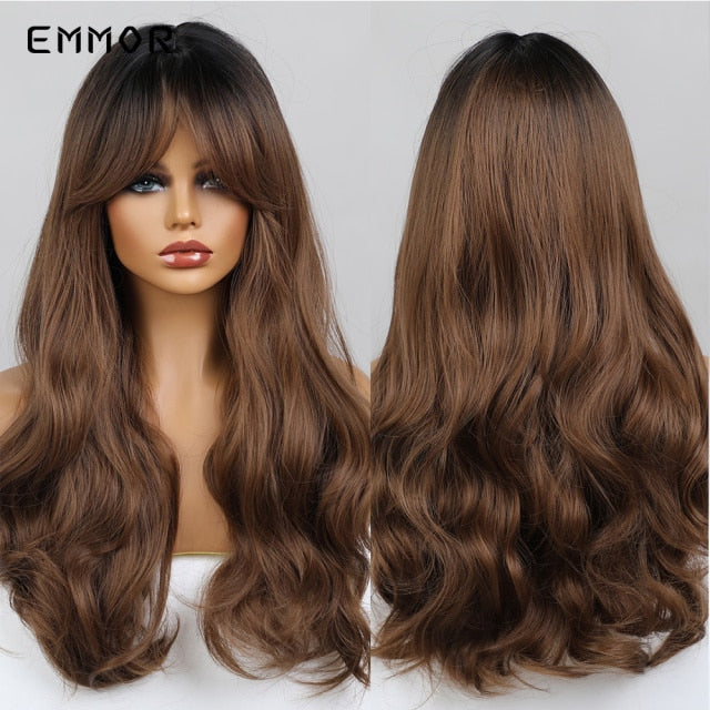 Emmor Synthetic Wigs Natural Ombre, Brown Wavy Hair Wig for Women Heat Resistant Fiber
