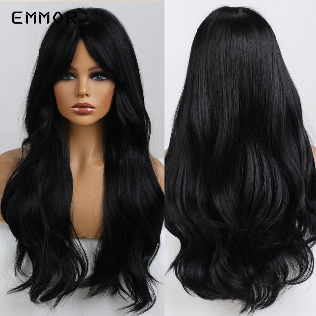 Emmor Synthetic Wigs Natural Ombre, Brown Wavy Hair Wig for Women Heat Resistant Fiber