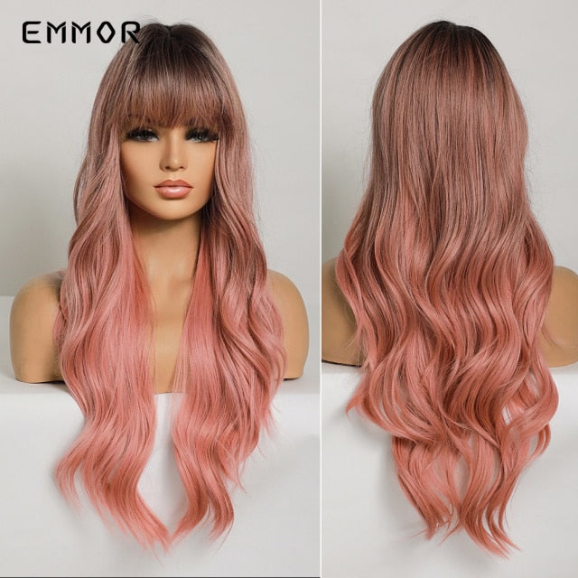 Emmor Synthetic Wigs Natural Ombre, Brown Wavy Hair Wig for Women Heat Resistant Fiber