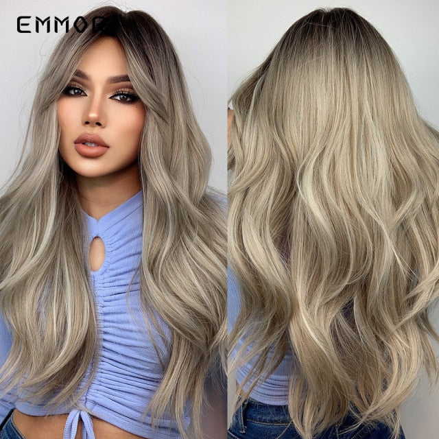Emmor Synthetic Wigs Natural Ombre, Brown Wavy Hair Wig for Women Heat Resistant Fiber