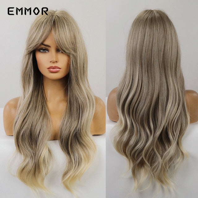 Emmor Synthetic Wigs Natural Ombre, Brown Wavy Hair Wig for Women Heat Resistant Fiber