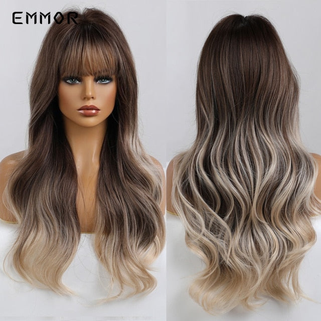 Emmor Synthetic Wigs Natural Ombre, Brown Wavy Hair Wig for Women Heat Resistant Fiber