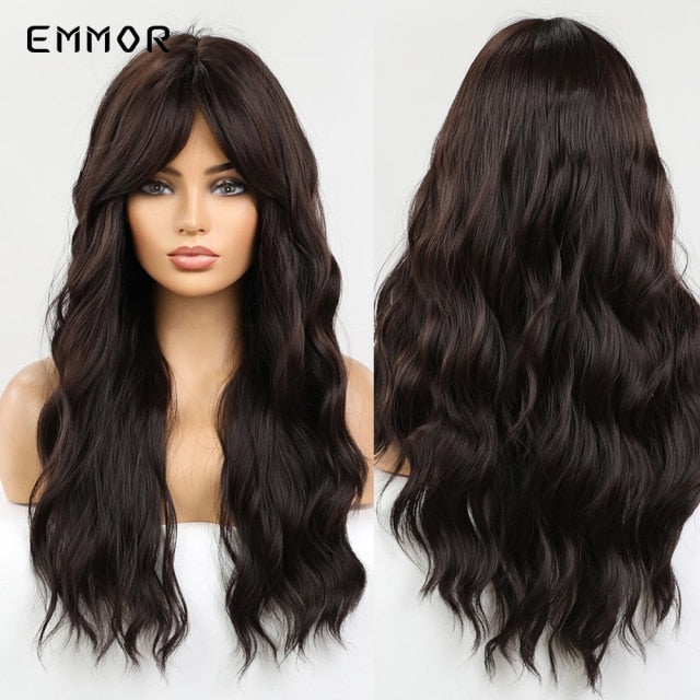 Emmor Synthetic Wigs Natural Ombre, Brown Wavy Hair Wig for Women Heat Resistant Fiber