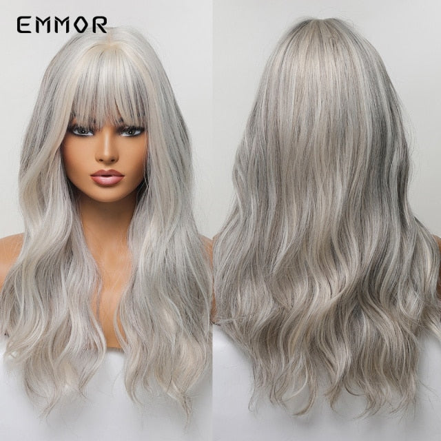 Emmor Synthetic Wigs Natural Ombre, Brown Wavy Hair Wig for Women Heat Resistant Fiber
