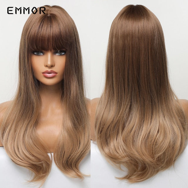 Emmor Synthetic Wigs Natural Ombre, Brown Wavy Hair Wig for Women Heat Resistant Fiber