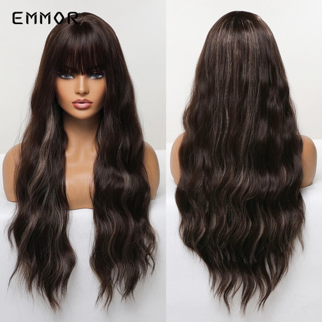 Emmor Synthetic Wigs Natural Ombre, Brown Wavy Hair Wig for Women Heat Resistant Fiber