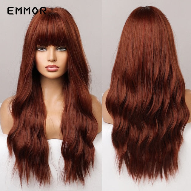 Emmor Synthetic Wigs Natural Ombre, Brown Wavy Hair Wig for Women Heat Resistant Fiber
