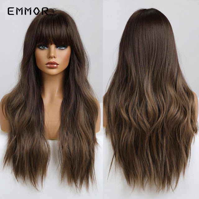 Emmor Synthetic Wigs Natural Ombre, Brown Wavy Hair Wig for Women Heat Resistant Fiber