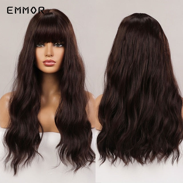 Emmor Synthetic Wigs Natural Ombre, Brown Wavy Hair Wig for Women Heat Resistant Fiber
