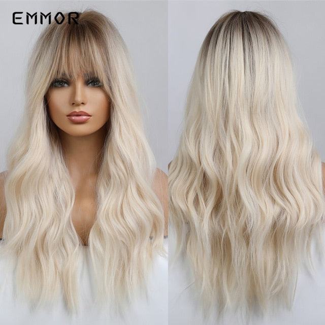 Emmor Synthetic Wigs Natural Ombre, Brown Wavy Hair Wig for Women Heat Resistant Fiber