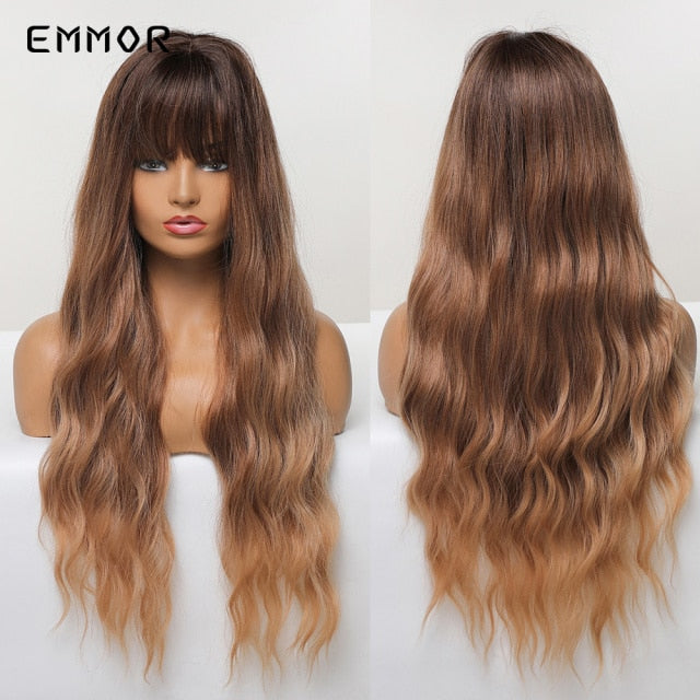 Emmor Synthetic Wigs Natural Ombre, Brown Wavy Hair Wig for Women Heat Resistant Fiber
